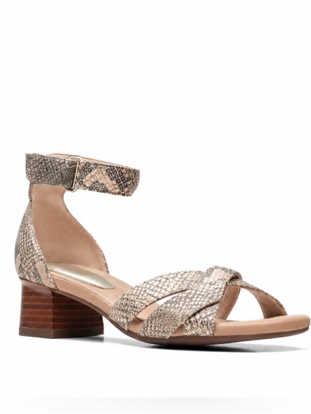 Clarks Desirea Lily Ankle Strap Sandals Chunky Block Heel Open Toe Snake 9.5